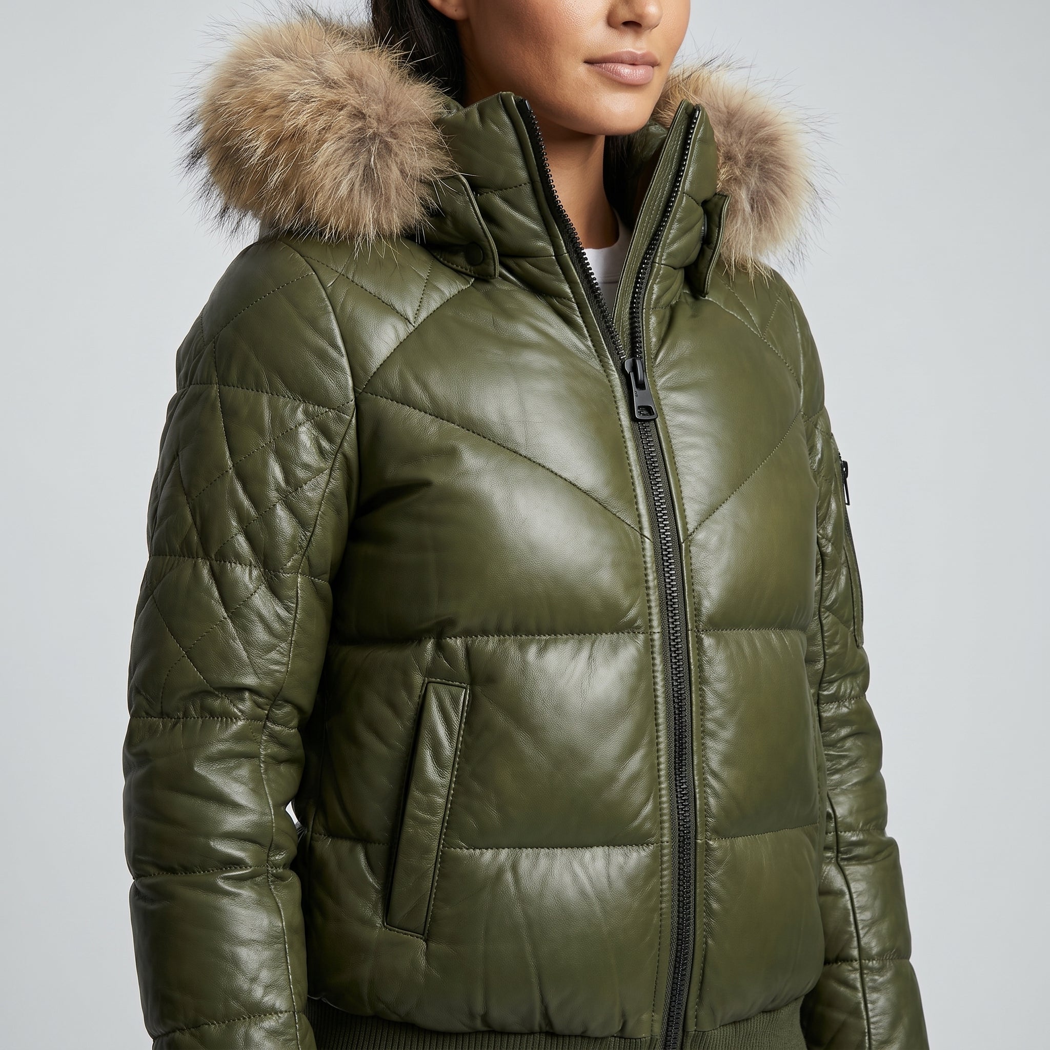 Women's olive green ski jacket with faux fur hood – RXD Leather