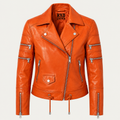 Women's orange leather biker jacket with lace-up detail – RXD Leather