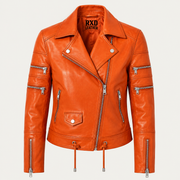 Women's orange leather biker jacket with lace-up detail – RXD Leather