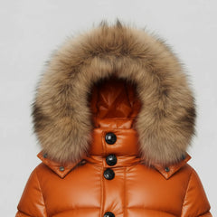 Women's orange leather puffer jacket styled – RXD Leather