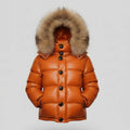 Women's orange leather puffer jacket with fox fur hood – RXD Leather