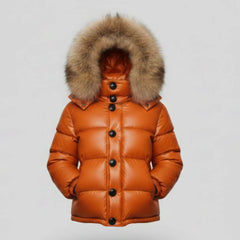 Women's orange leather puffer jacket with fox fur hood – RXD Leather