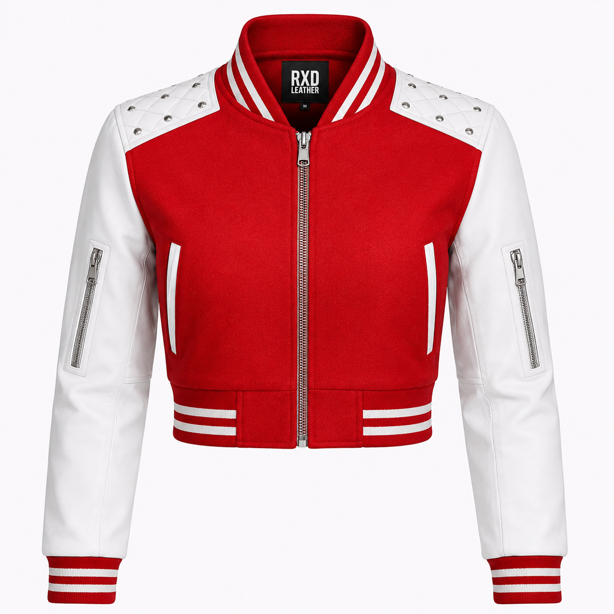 Women's red wool varsity jacket with leather sleeves – RXD Leather