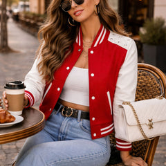Women's red varsity jacket with white leather sleeves – RXD Leather
