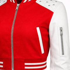 Women's red wool varsity jacket detail – RXD Leather