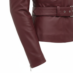 Women's burgundy leather long blazer detail – RXD Leather