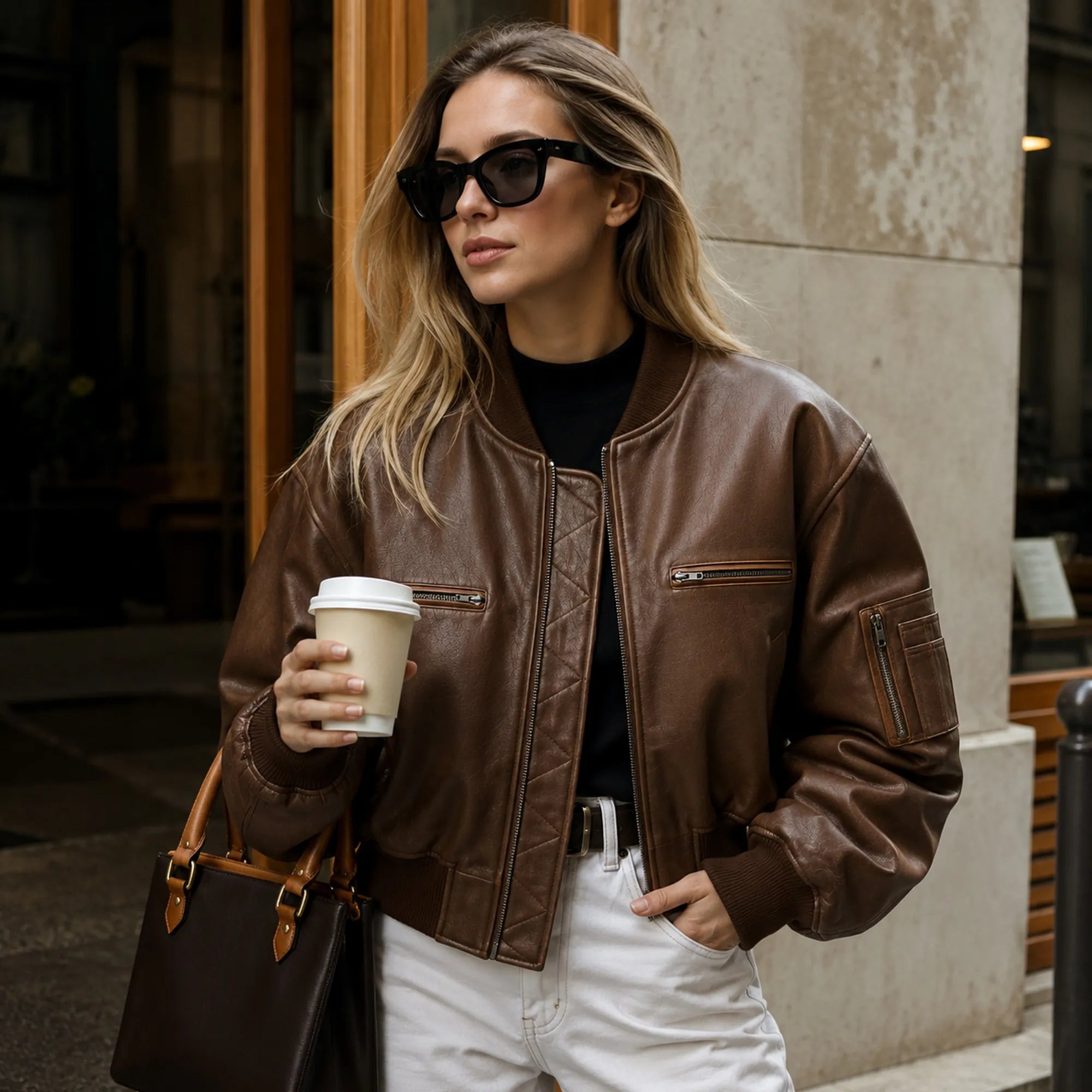 Women's oversized brown leather bomber jacket – RXD Leather