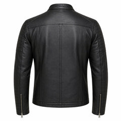 Men's Black Genuine Leather Motorcycle Jacket Stand Collar Style Outfit- RXD leather 002