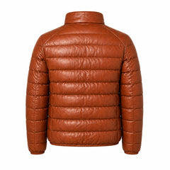 Mens Lambskin Leather Puffer Jacket Winter Ribbed Stand Collar - RXD Leather 00173