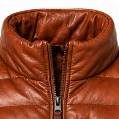 Mens Lambskin Leather Puffer Jacket Winter Ribbed Stand Collar - RXD Leather 00173