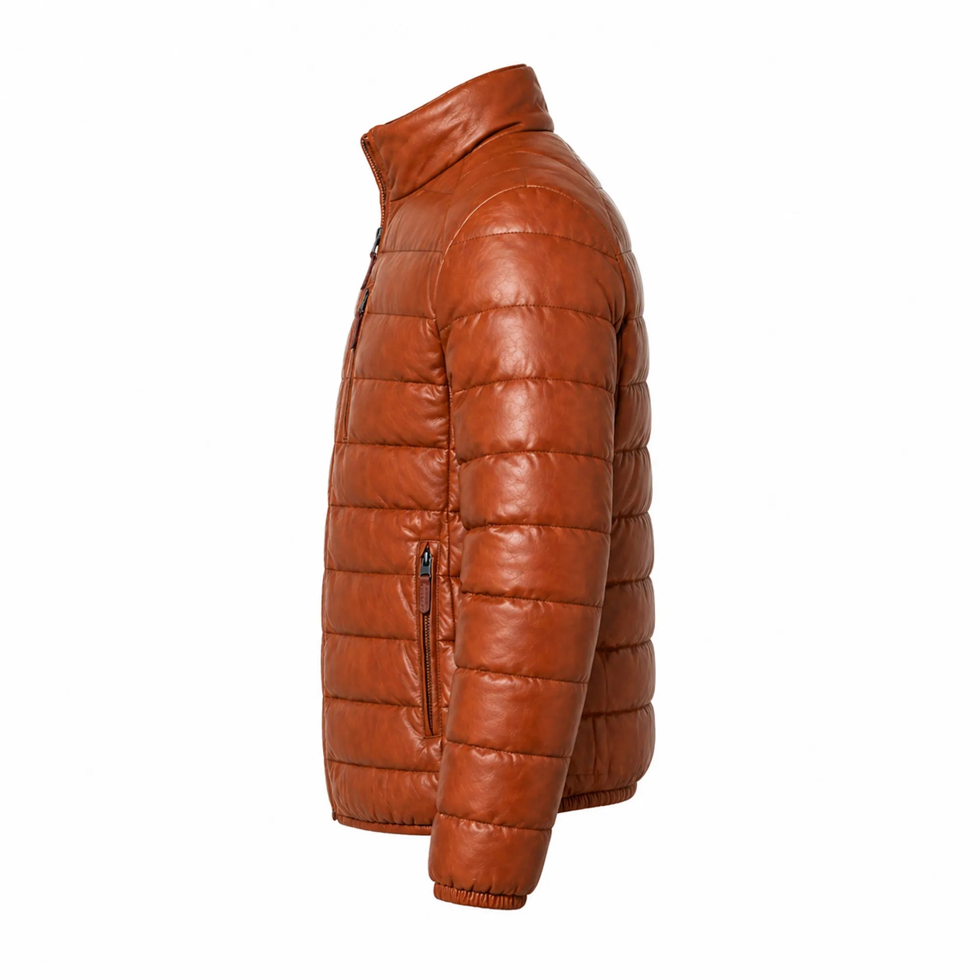 Mens Lambskin Leather Puffer Jacket Winter Ribbed Stand Collar - RXD Leather 00173
