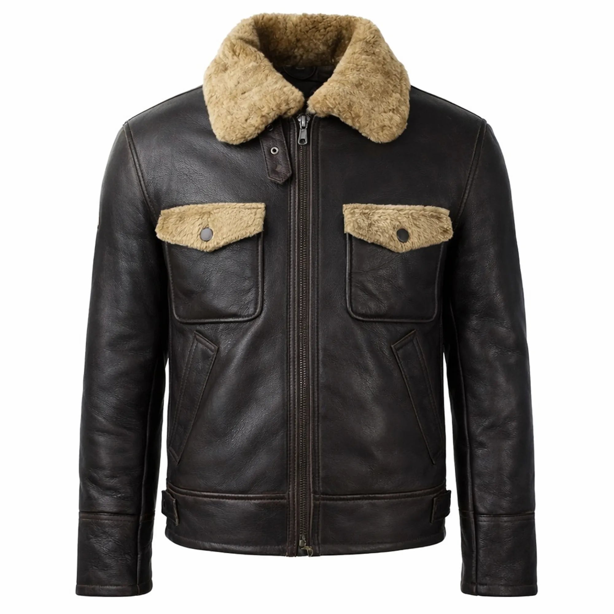 Men's Sheepskin Shearling Pilot Jacket Genuine Leather Aviator Coat Men - RXD Leather 0079 