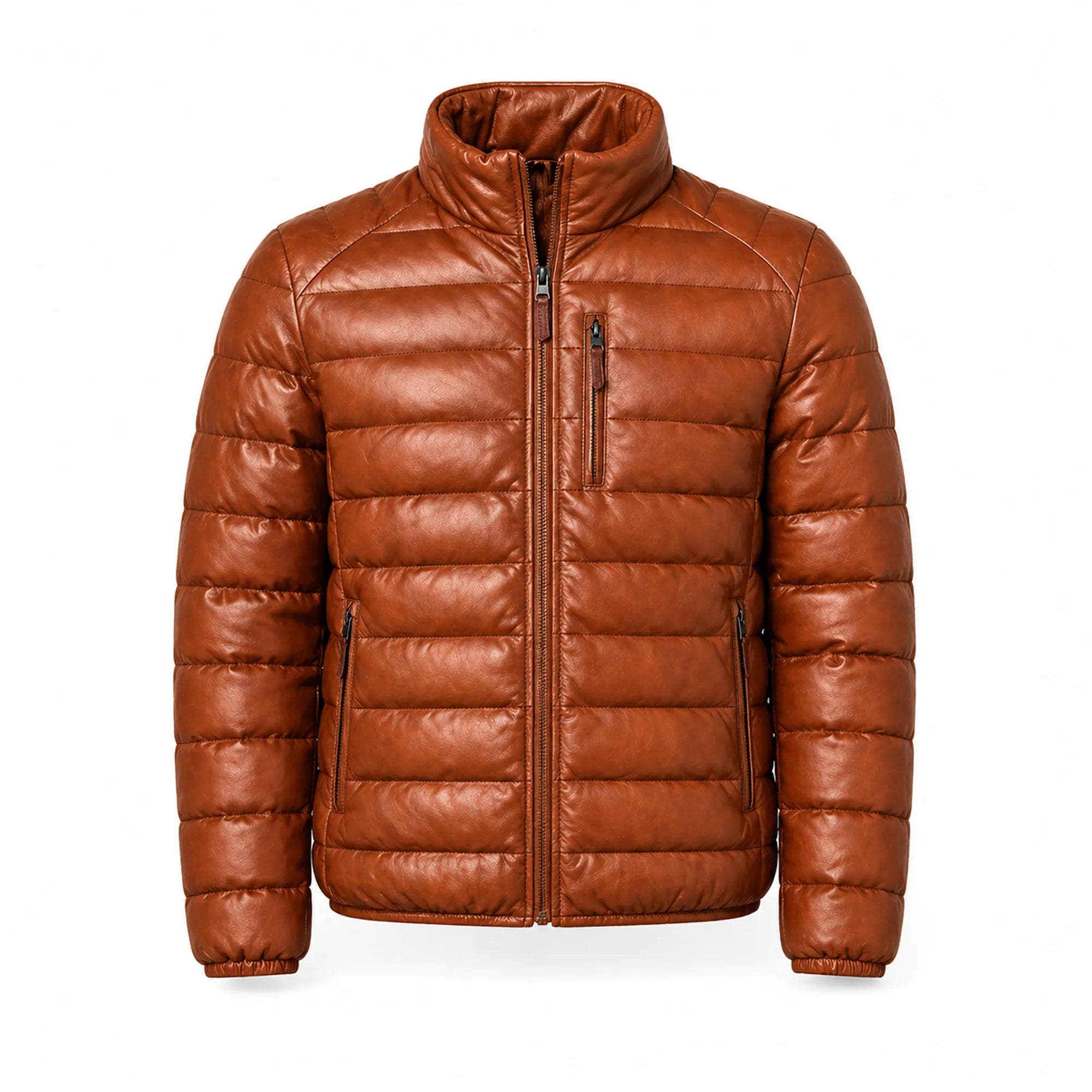 Mens Lambskin Leather Puffer Jacket Winter Ribbed Stand Collar - RXD Leather 00173
