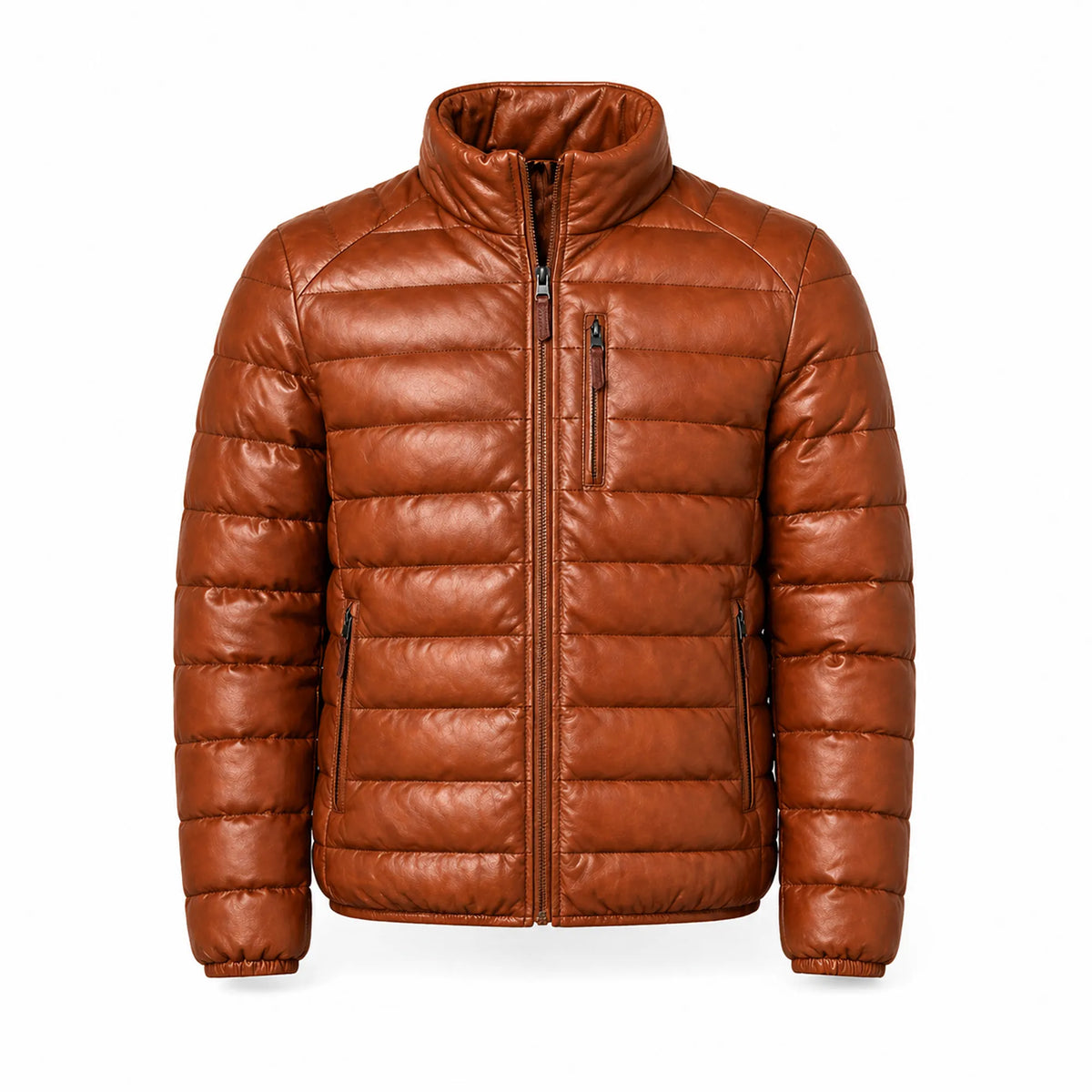 Mens Lambskin Leather Puffer Jacket Winter Ribbed Stand Collar - RXD Leather 00173