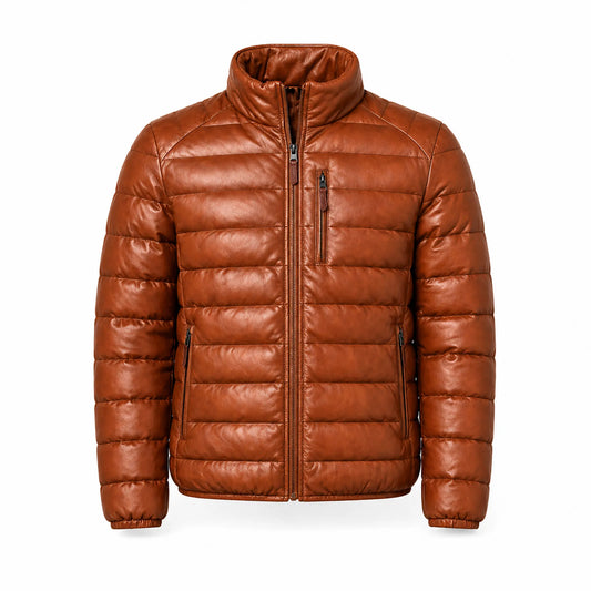 Mens Lambskin Leather Puffer Jacket Winter Ribbed Stand Collar - RXD Leather 00173 2000