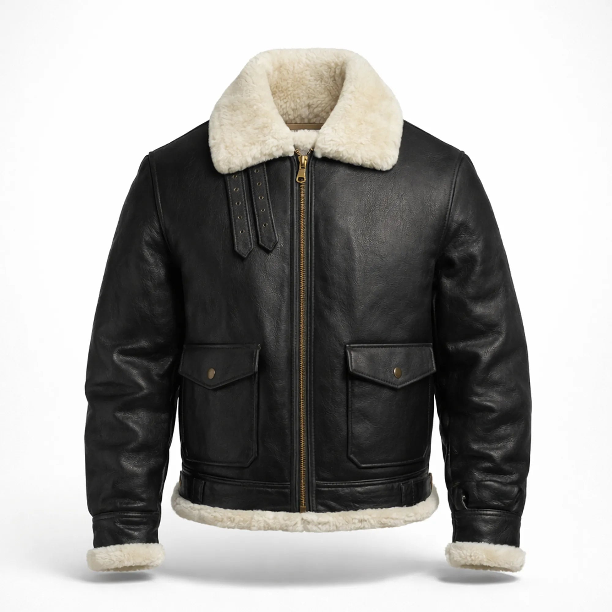 Men's Black Sheepskin Leather Jacket Aviator Winter Warm Fur Coat -RXD Leather 0077 