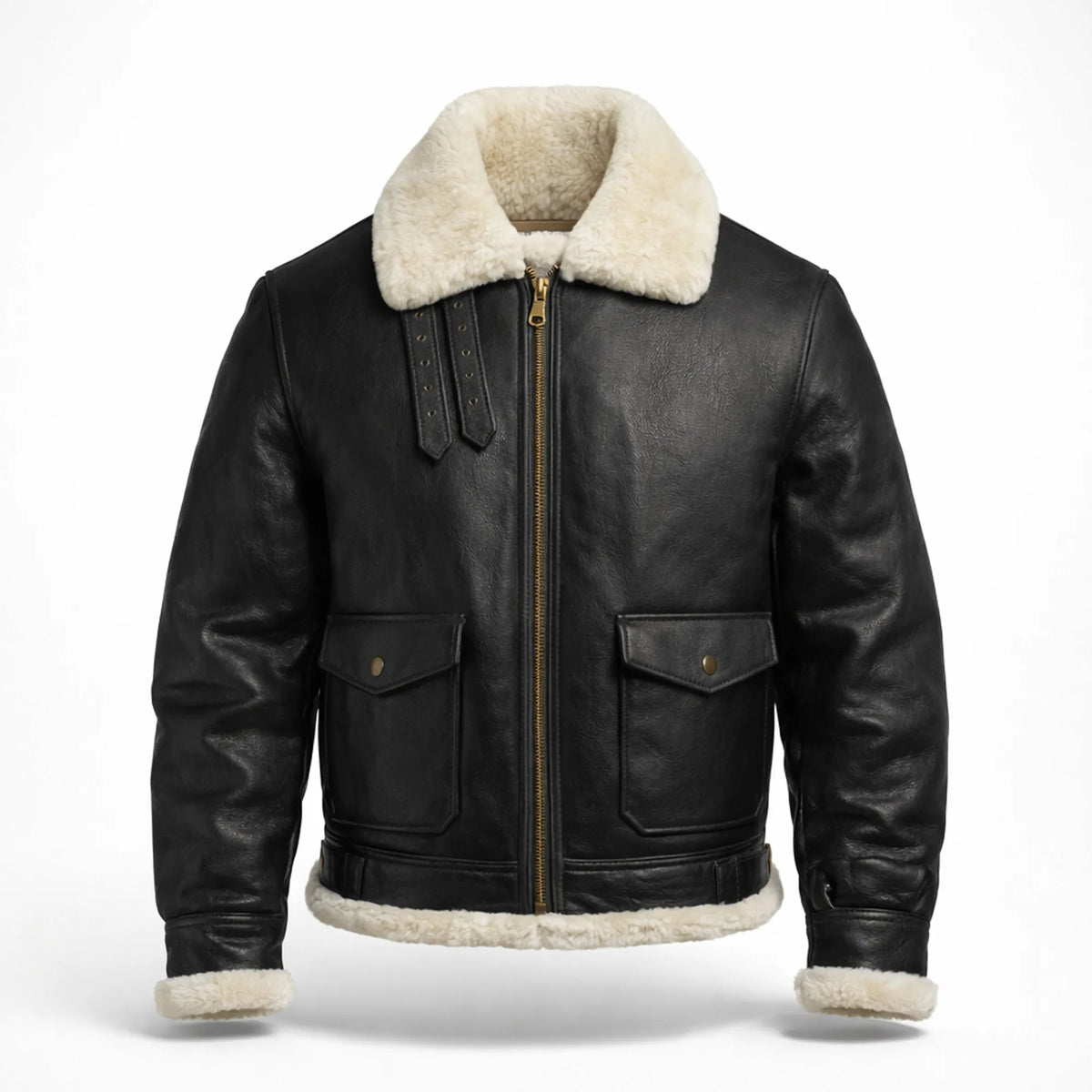 Men's Black Sheepskin Leather Jacket Aviator Winter Warm Fur Coat -RXD Leather 0077 