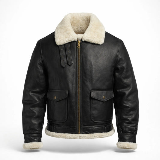 Men's Black Sheepskin Leather Jacket Aviator Winter Warm Fur Coat -RXD Leather 0077  2000