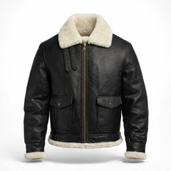 Men's Black Sheepskin Leather Jacket Aviator Winter Warm Fur Coat -RXD Leather 0077 