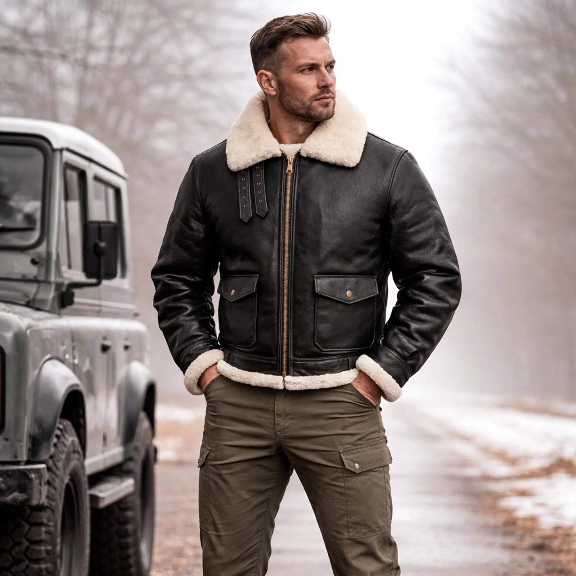 Men's Black Sheepskin Leather Jacket Aviator Winter Warm Fur Coat -RXD Leather 0077 
