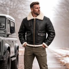 Men's Black Sheepskin Leather Jacket Aviator Winter Warm Fur Coat -RXD Leather 0077 