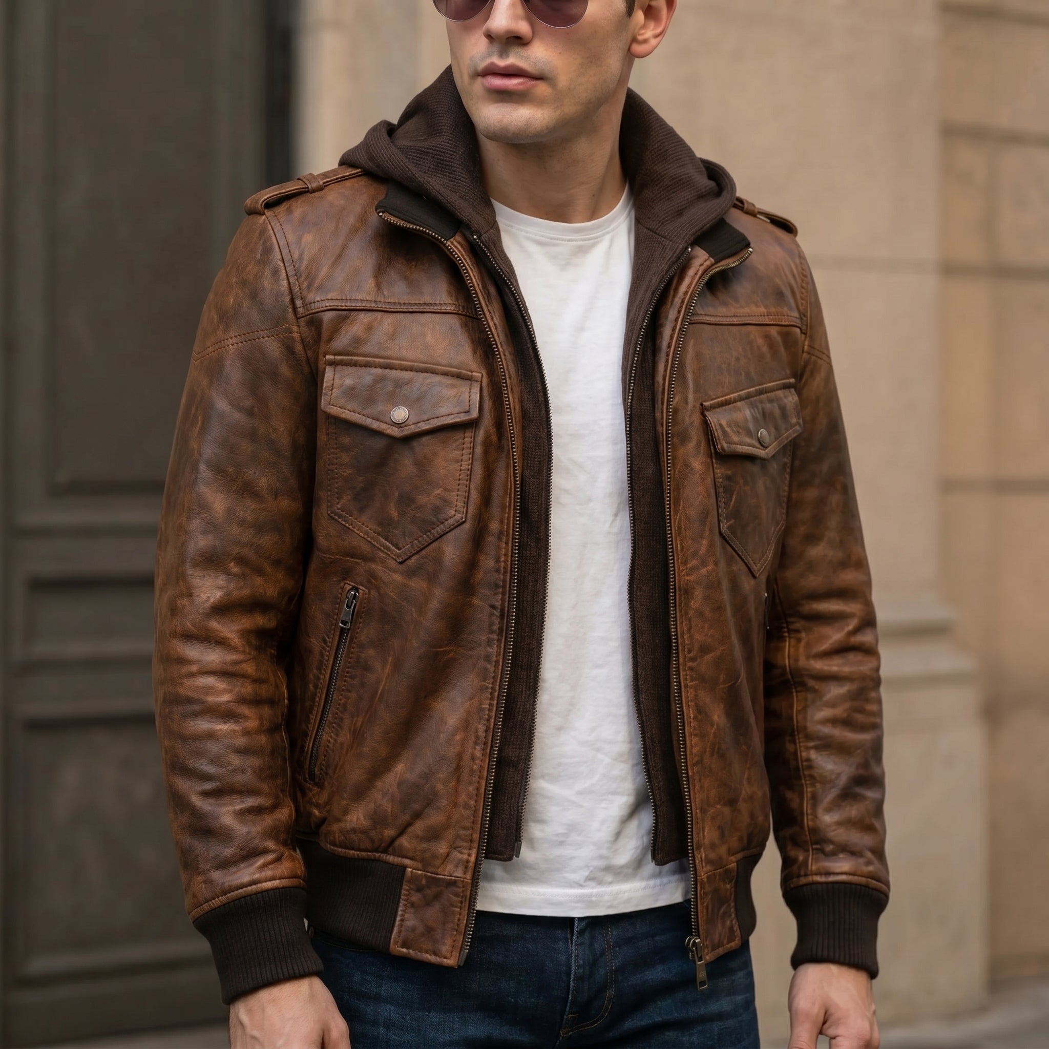 Men's Brown Distressed Lambskin Leather Biker Jacket Slim Fit Style Coat - RXD Leather 0011
