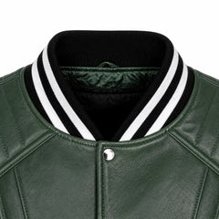 Mens Green White Varsity Leather Jacket College Streetwear Fit Apparel - RXD Leather 00141