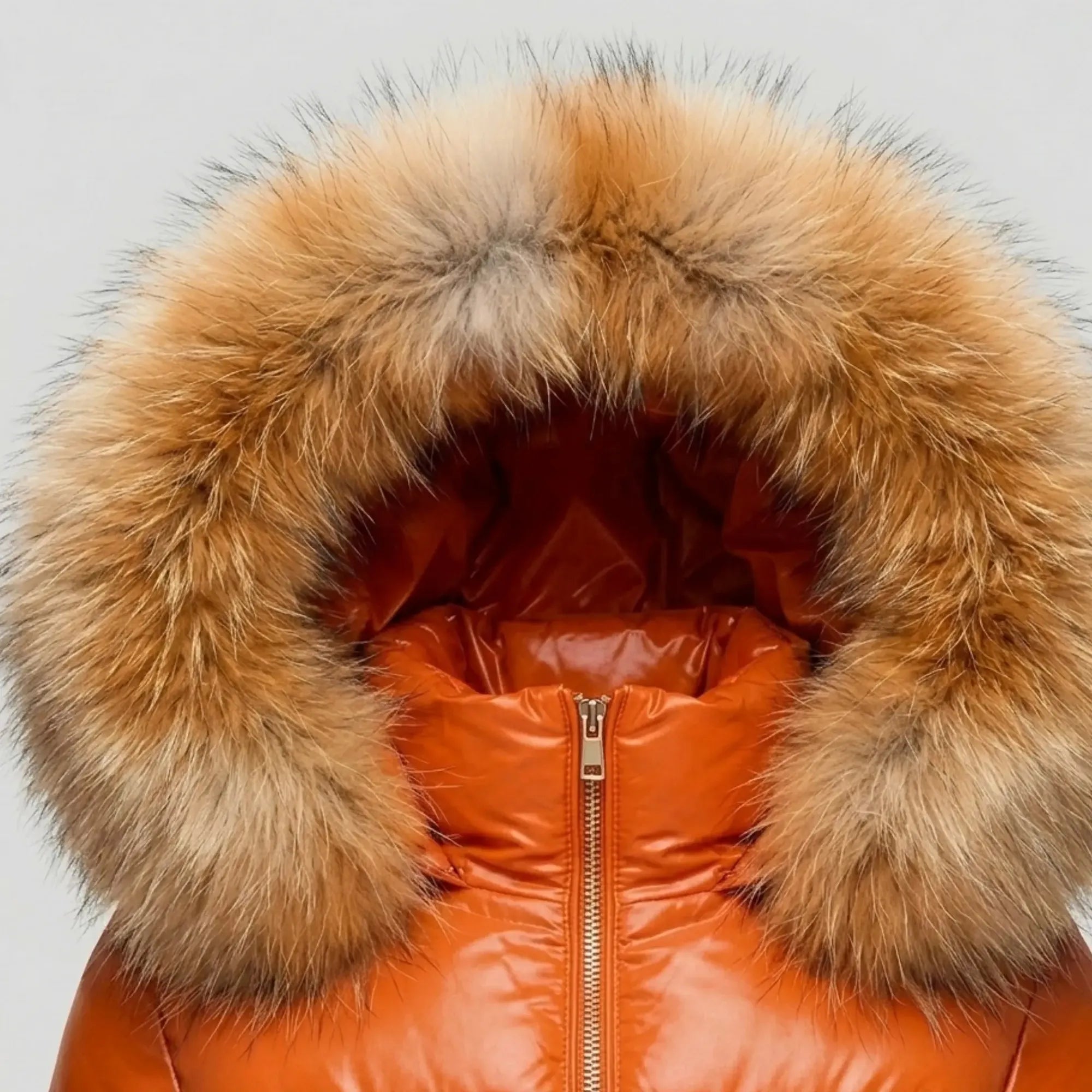 Women Orange Leather Puffer Jacket Faux Fur Hood Winter Style - RXD Leather 008