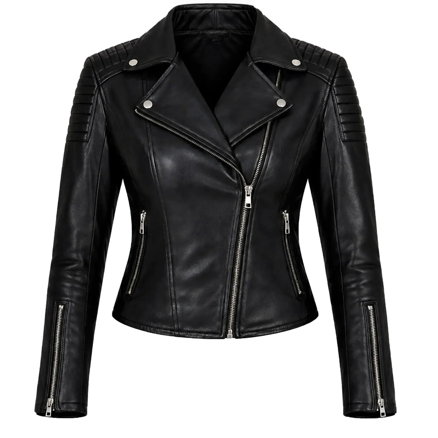 Women's black sheepskin leather biker jacket – RXD Leather