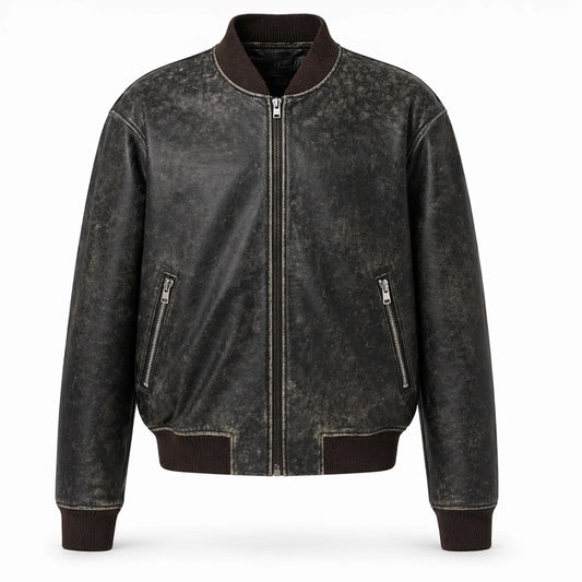 Mens Black Distressed Leather Bomber Jacket Classic Casual Style - RXD Leather 0039  2000