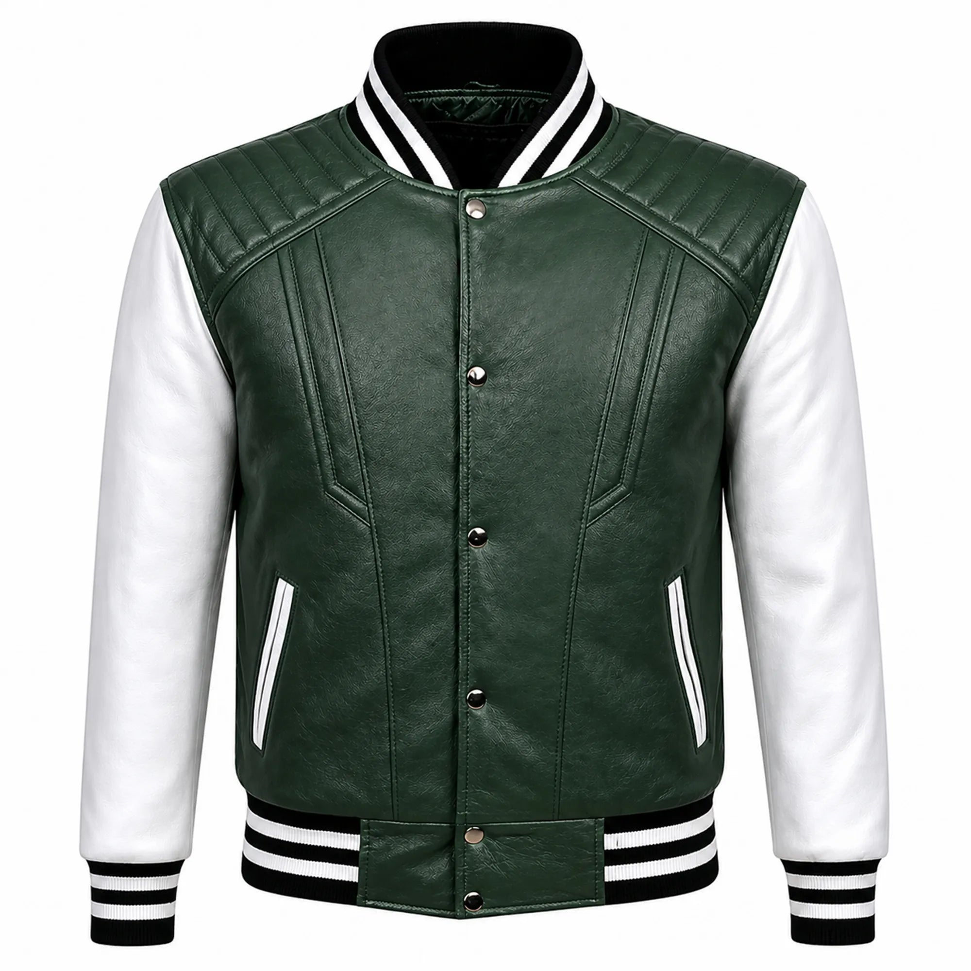 Mens Green White Varsity Leather Jacket College Streetwear Fit Apparel - RXD Leather 00141
