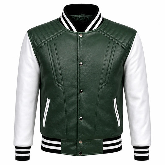 Mens Green White Varsity Leather Jacket College Streetwear Fit Apparel - RXD Leather 00141 2000