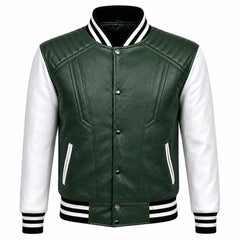 Mens Green White Varsity Leather Jacket College Streetwear Fit Apparel - RXD Leather 00141