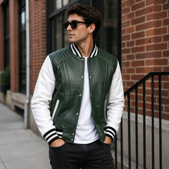 Mens Green White Varsity Leather Jacket College Streetwear Fit Apparel - RXD Leather 00141