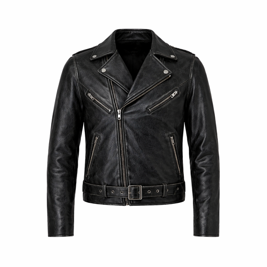 Mens Distressed Black Leather Brando Jacket Classic Biker Style - RXD Leather 0040 1254