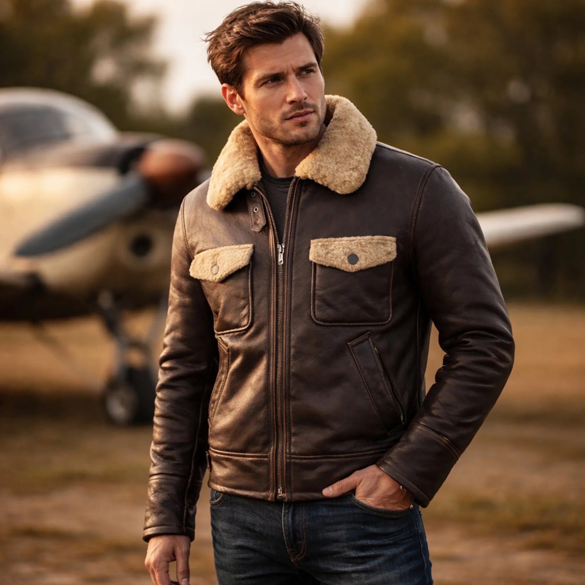 Men's Sheepskin Shearling Pilot Jacket Genuine Leather Aviator Coat Men - RXD Leather 0079 
