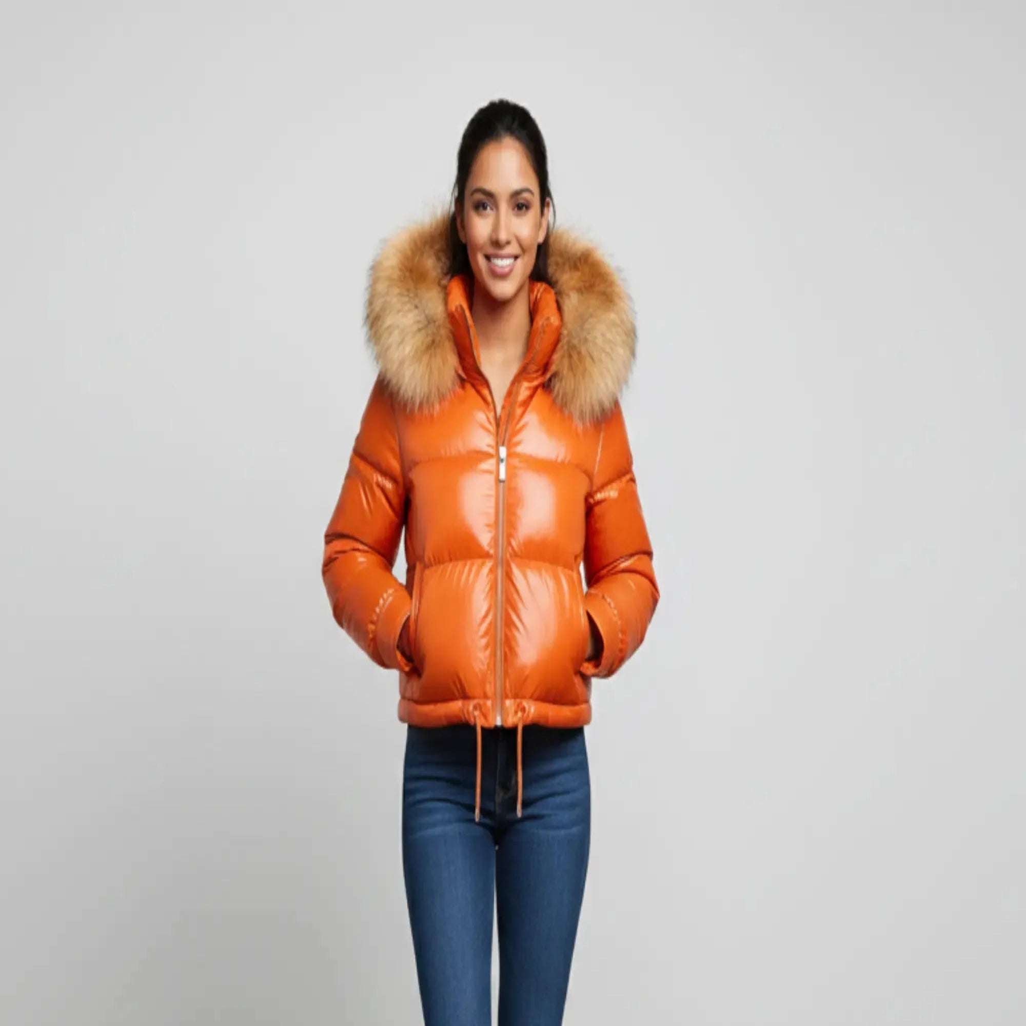 Women Orange Leather Puffer Jacket Faux Fur Hood Winter Style - RXD Leather 008