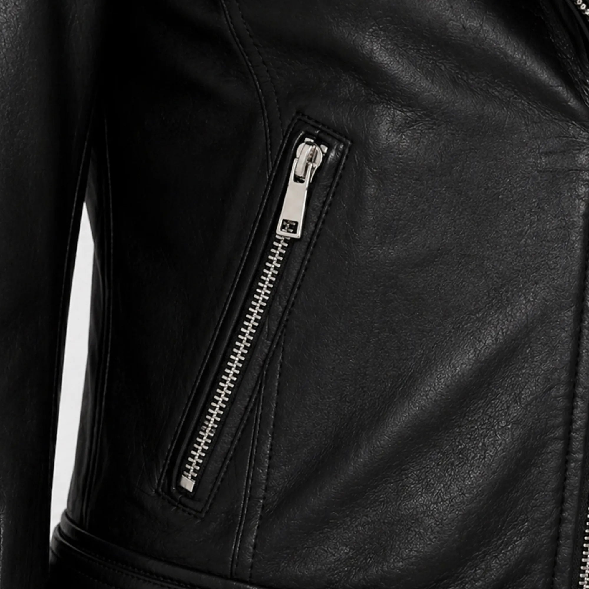 Womens Black Leather Biker Jacket Real Sheepskin Moto Style - RXD Leather 0096