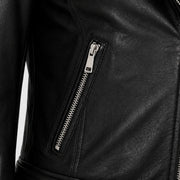 Women's black sheepskin leather biker jacket detail – RXD Leather