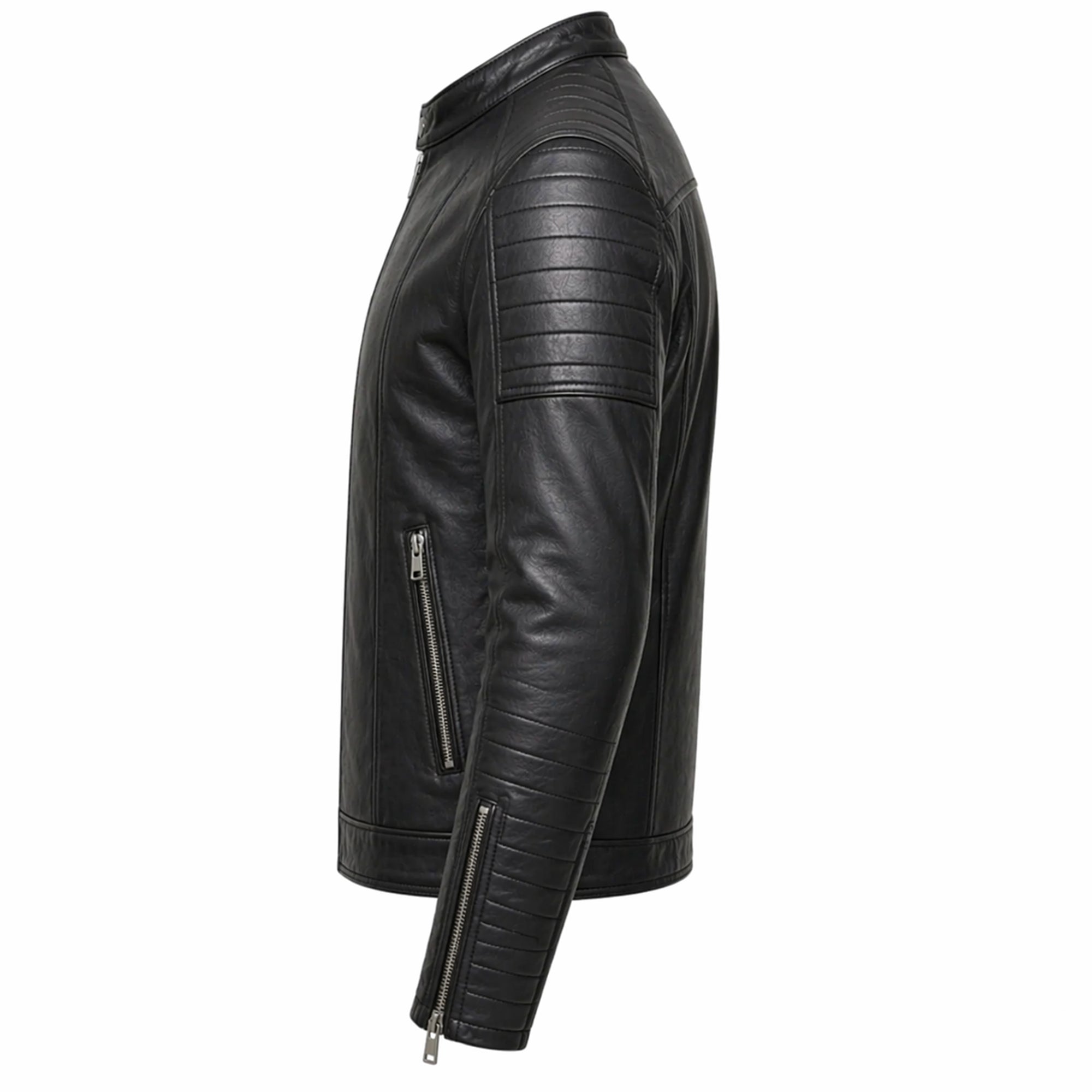 Men's Black Genuine Leather Motorcycle Jacket Stand Collar Style Outfit- RXD leather 002