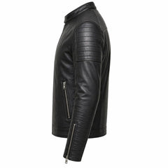Men's Black Genuine Leather Motorcycle Jacket Stand Collar Style Outfit- RXD leather 002
