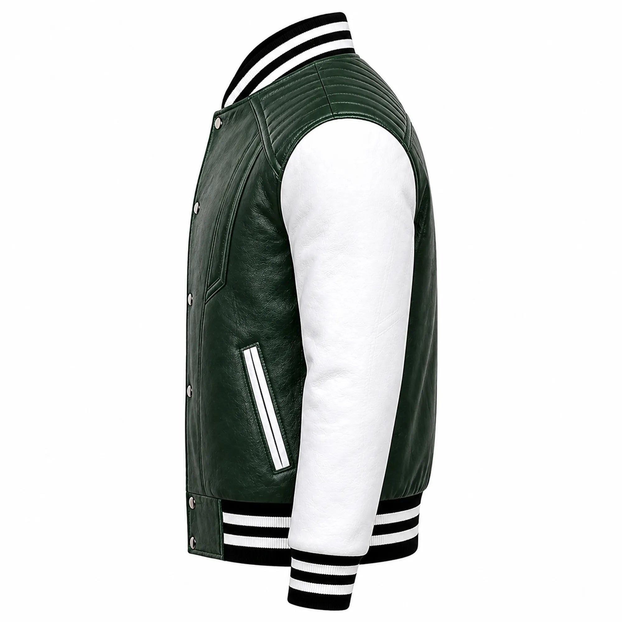 Mens Green White Varsity Leather Jacket College Streetwear Fit Apparel - RXD Leather 00141