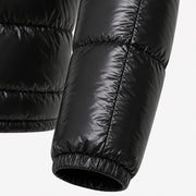 Men's black hooded puffer jacket detail – RXD Leather