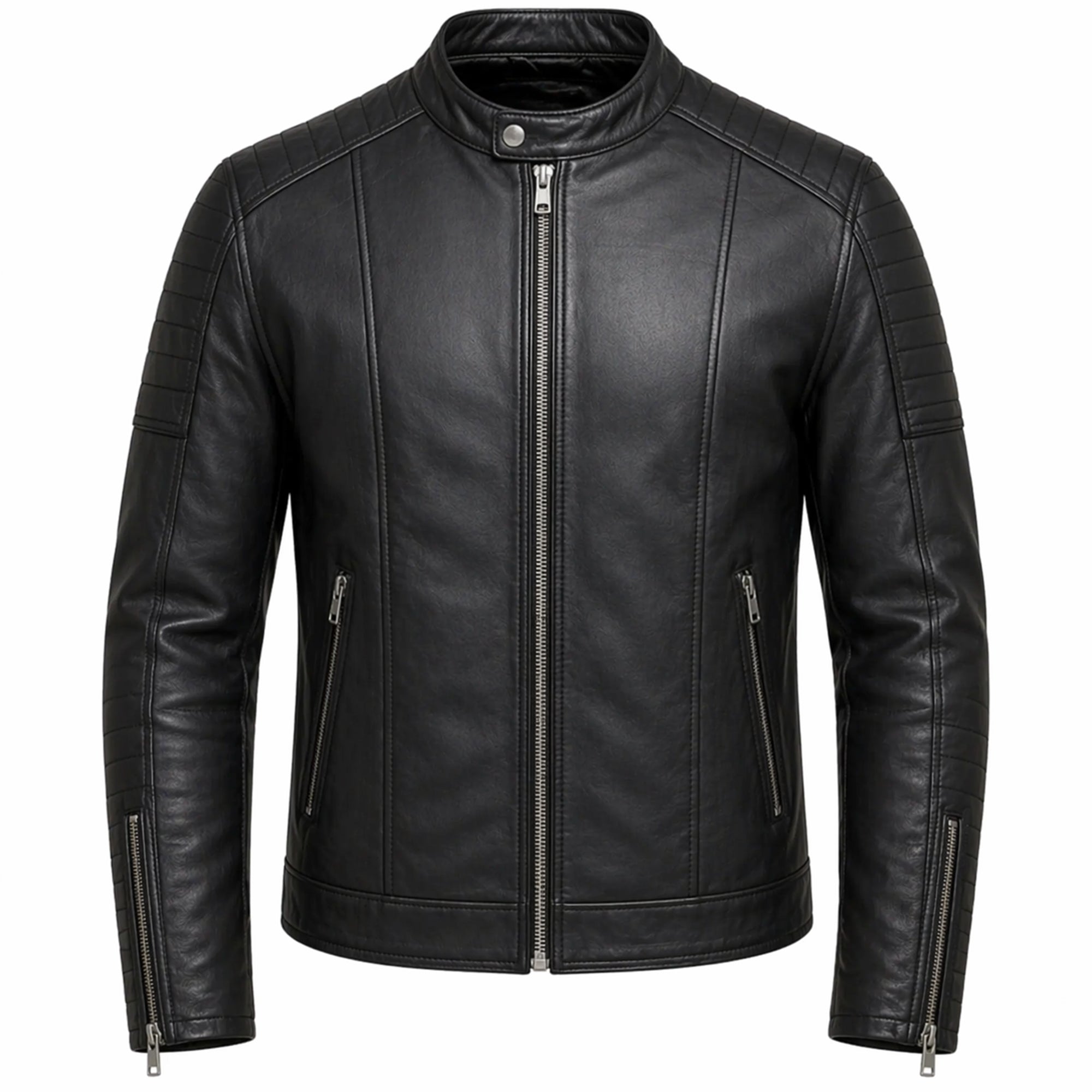 Men's Black Genuine Leather Motorcycle Jacket Stand Collar Style Outfit- RXD leather 002