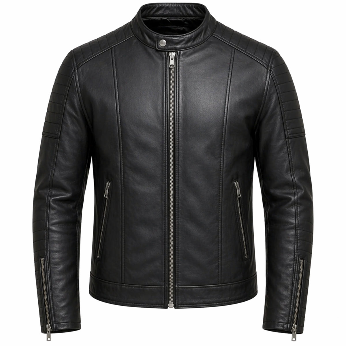Men's Black Genuine Leather Motorcycle Jacket Stand Collar Style Outfit- RXD leather 002