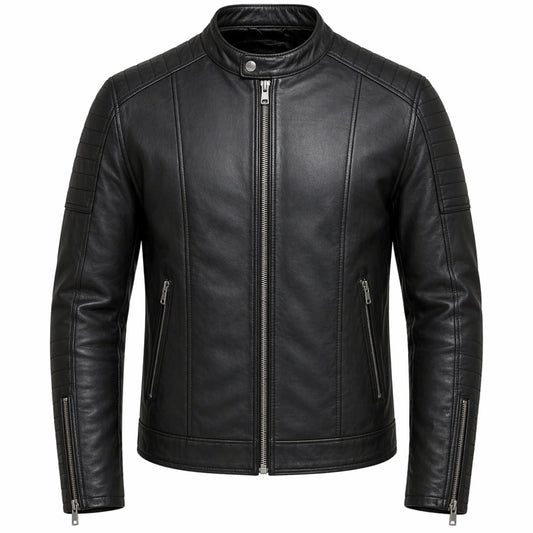 Men's Black Genuine Leather Motorcycle Jacket Stand Collar Style Outfit- RXD leather 002 2000