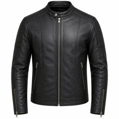 Men's Black Genuine Leather Motorcycle Jacket Stand Collar Style Outfit- RXD leather 002