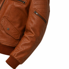 Women's brown sheepskin vintage bomber jacket detail – RXD Leather