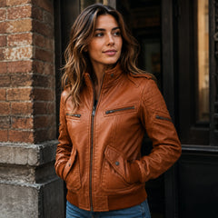 Women's brown sheepskin bomber with ribbed collar – RXD Leather